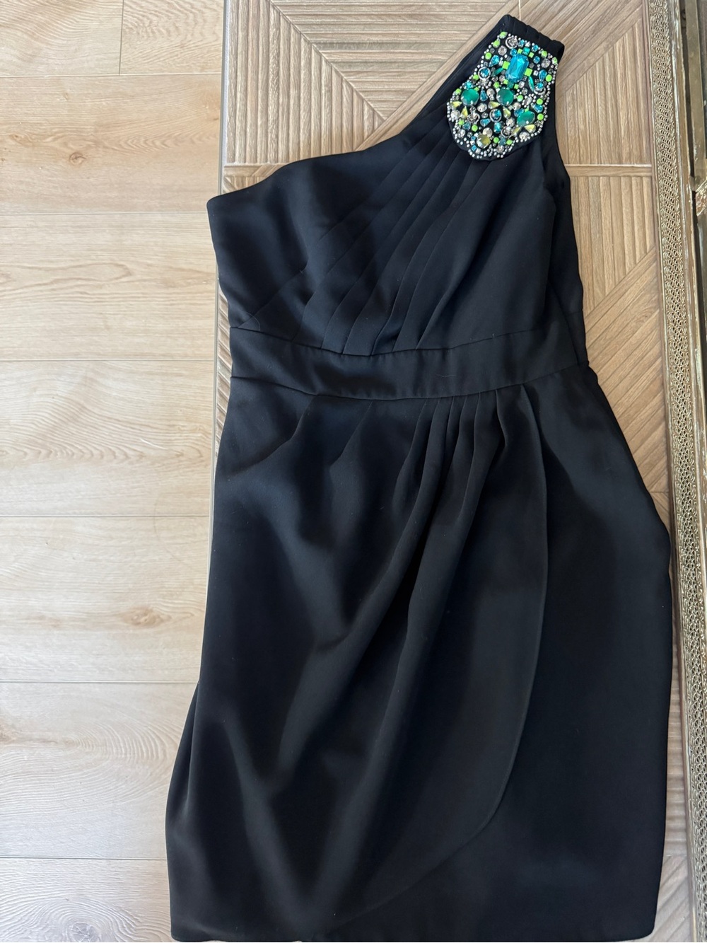 Shoshanna Black One-Shoulder Dress with Green Jewel Embellishment